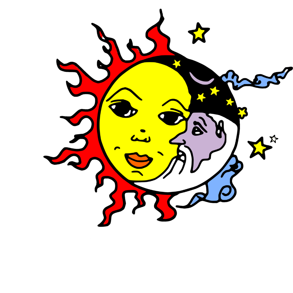 The logo for Across the Years--the sun and moon in a yin-yang pattern